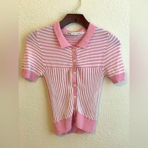 Pink and white S button and collared blouse